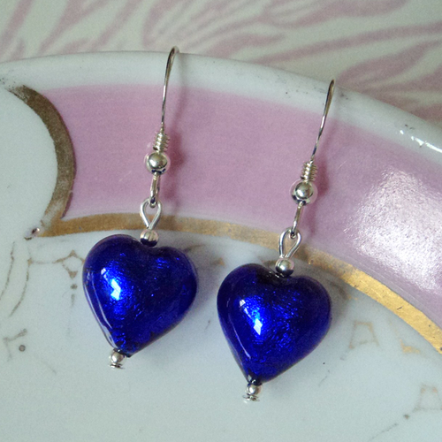Earrings with dark blue (cobalt) Murano glass small heart drops on silver or gold hooks