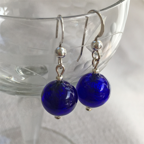 Earrings with dark blue (cobalt) Murano glass mini sphere drops on silver or gold hooks
