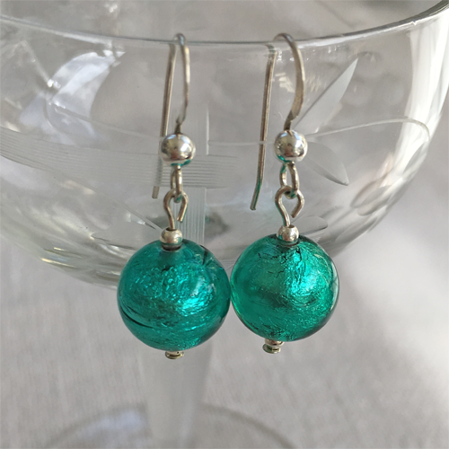 Earrings with teal (green, jade) Murano glass mini sphere drops on silver or gold hooks
