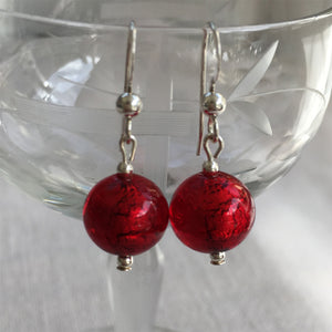 Earrings with red Murano glass mini sphere drops on silver or gold hooks
