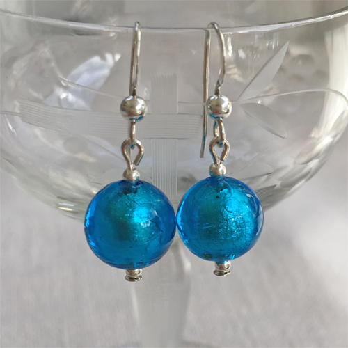 Earrings with turquoise (blue) Murano glass mini sphere drops on silver or gold hooks