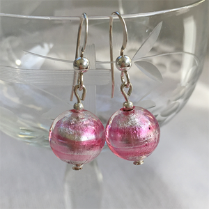 Earrings with candy stripe pink Murano glass mini sphere drops on silver or gold hooks
