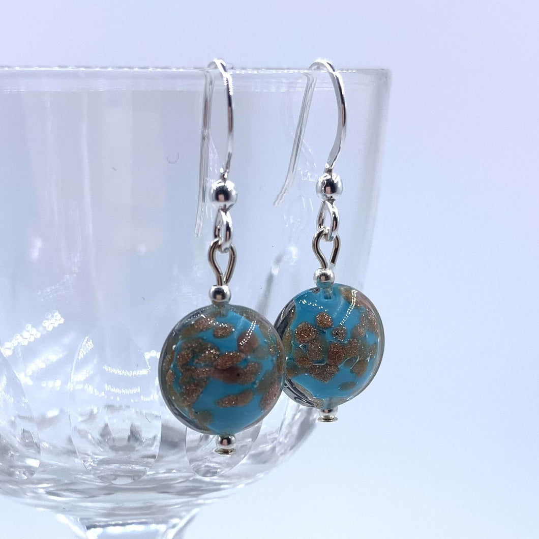 Earrings with turquoise and aventurine Murano glass mini lentil drops on silver or gold