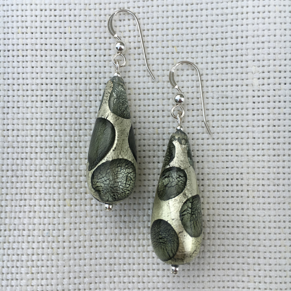 Earrings with shades of grey spots over white gold Murano glass long pear drops