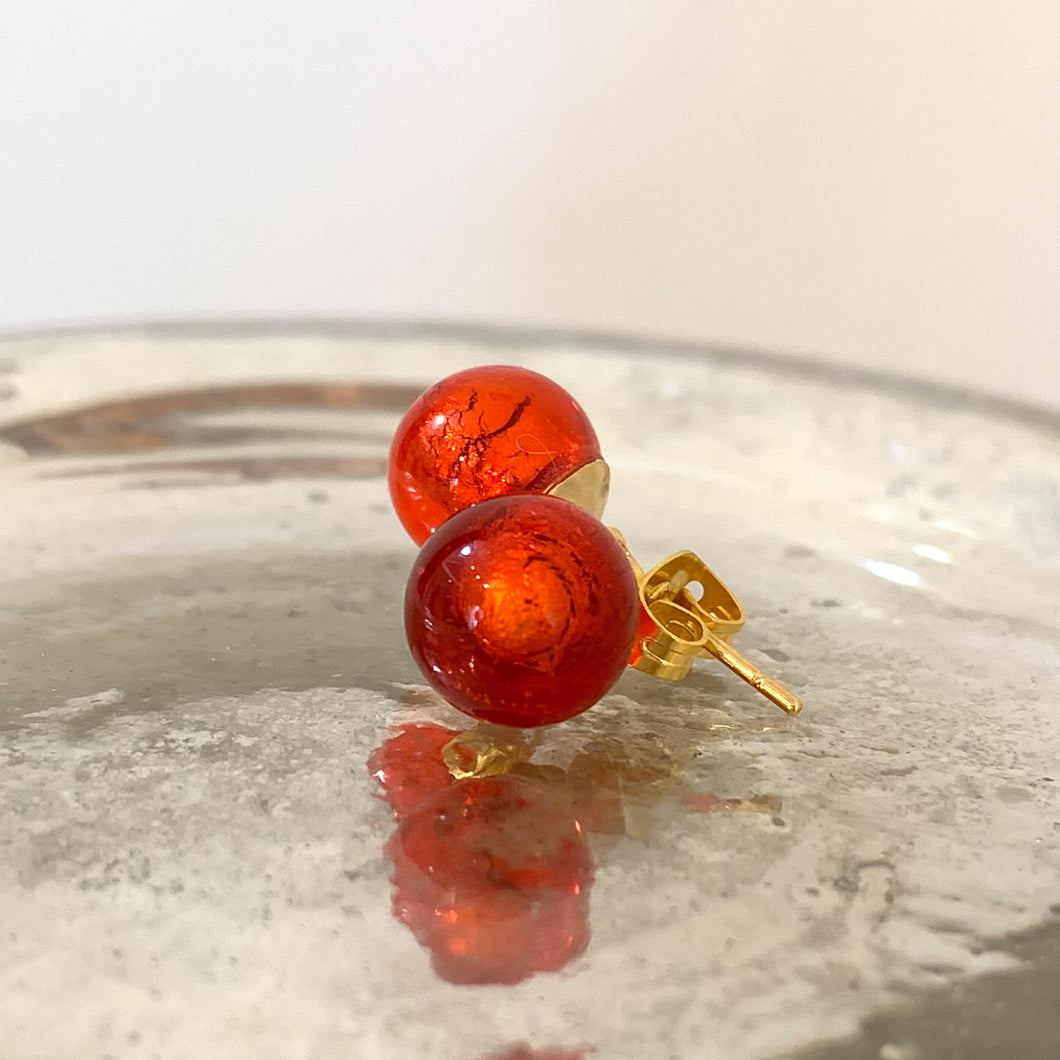 Earrings with light red Murano glass sphere studs on 24ct gold plated posts