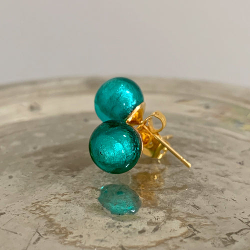 Earrings with teal (green, jade) Murano glass sphere studs on gold plated or steel posts