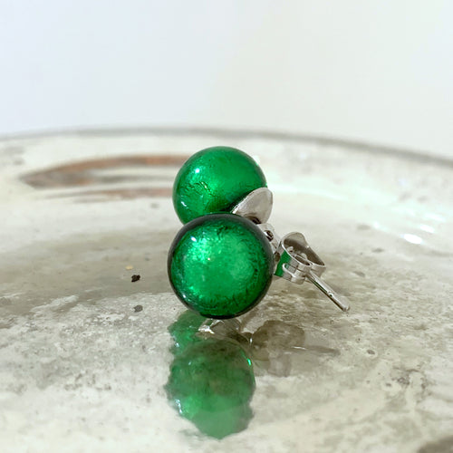 Earrings with dark green (emerald) Murano glass sphere studs on surgical steel posts