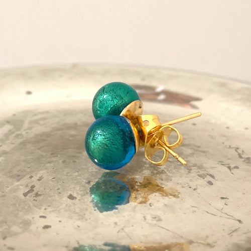 Earrings with sea green (jade, teal) Murano glass sphere studs on gold plated posts