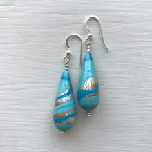 Earrings with turquoise and blue pastel swirl over white gold Murano glass long pear drops