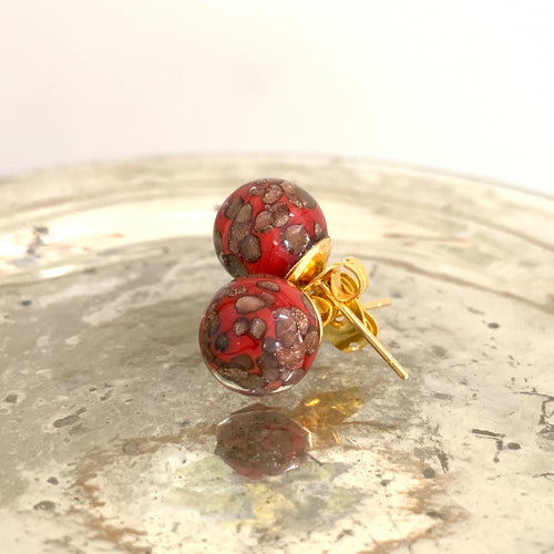 Earrings with red pastel aventurine Murano glass sphere studs on gold plated posts