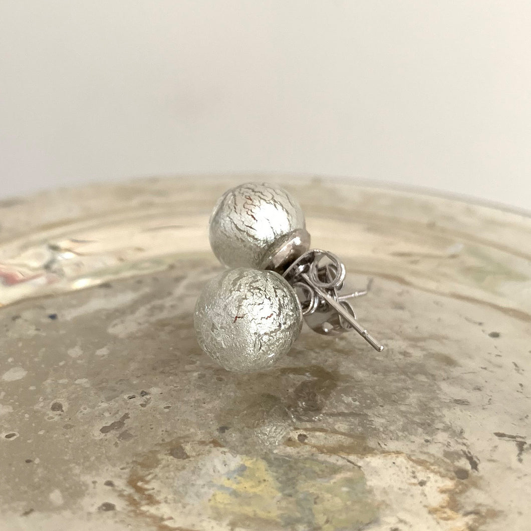 Earrings with clear crystal and white gold Murano glass sphere studs on surgical steel posts
