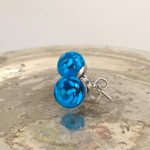 Earrings with blue translucent and white flake Murano glass sphere studs on surgical steel posts