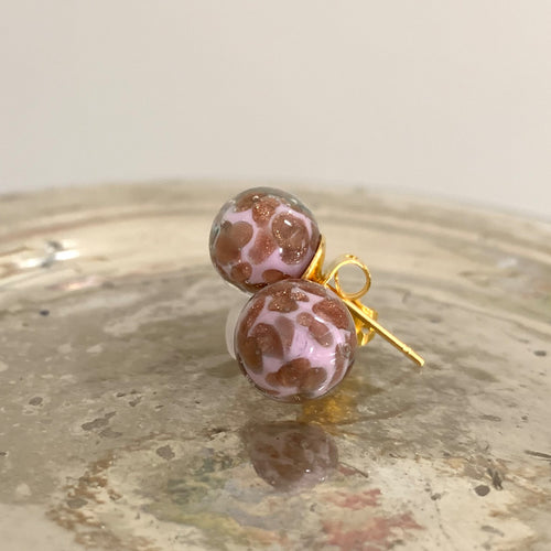 Earrings with pink pastel aventurine Murano glass sphere studs on gold plated posts