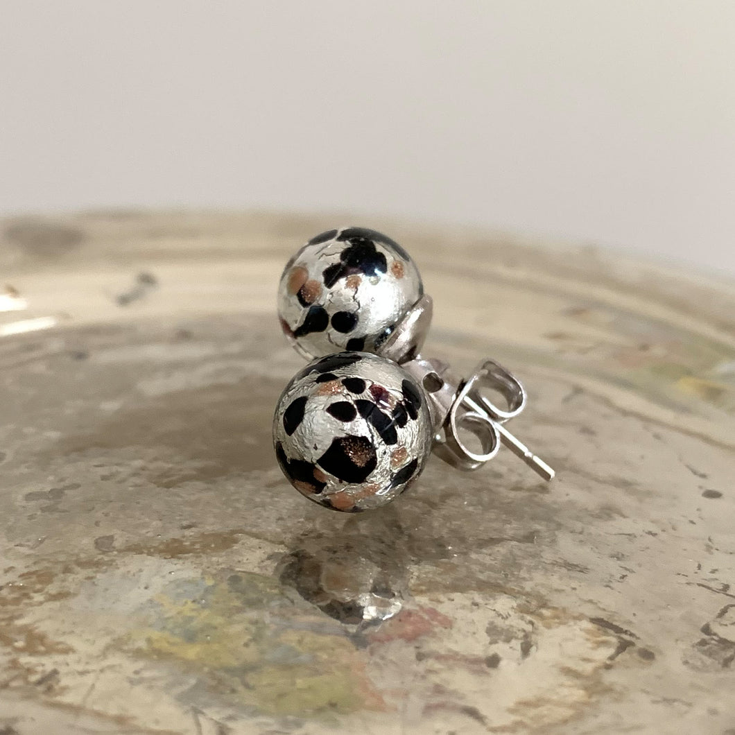 Earrings with clear crystal and black spots Murano glass sphere studs on surgical steel posts