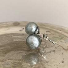 Earrings with light (pale) grey and white gold Murano glass sphere studs on surgical steel posts