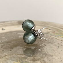 Earrings with dark grey and white gold Murano glass sphere studs on surgical steel posts