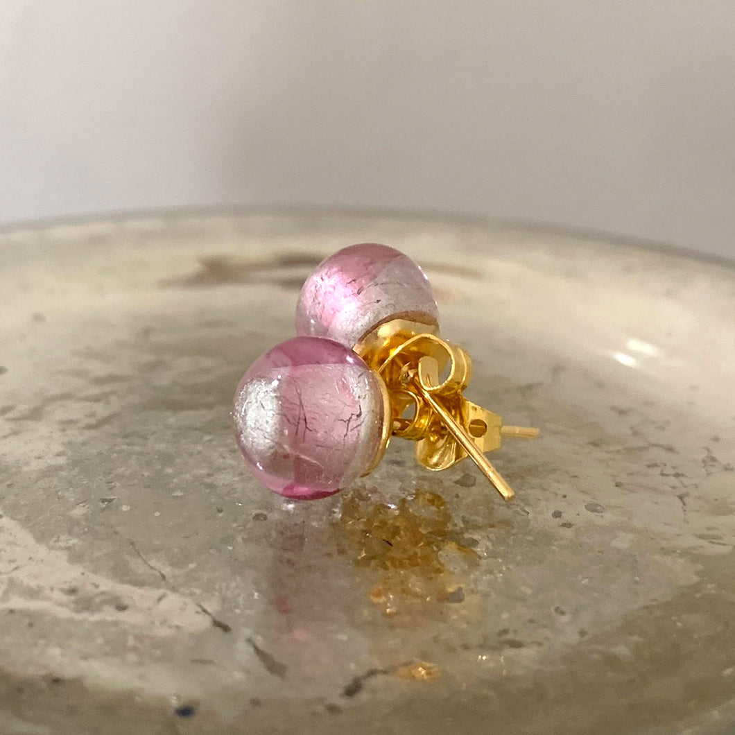Earrings with candy stripe pink Murano glass sphere studs on 24ct gold plated posts
