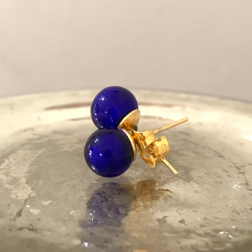 Earrings with dark blue (cobalt) Murano glass sphere studs on 24ct gold plated or steel posts