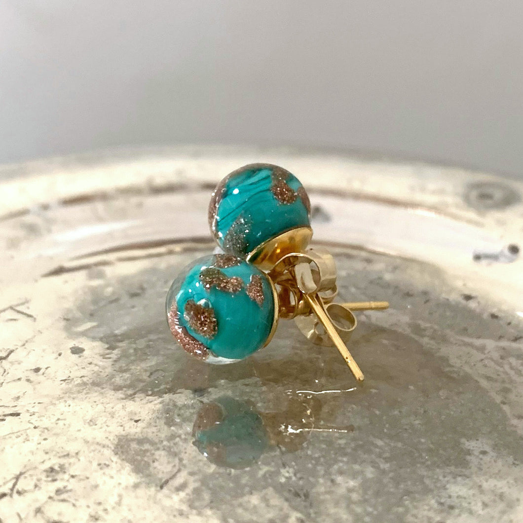 Earrings with teal (green) pastel aventurine Murano glass sphere studs on 24ct gold plated posts