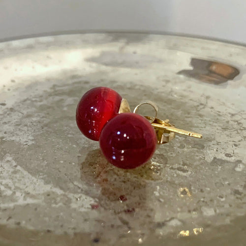 Earrings with dark red pastel Murano glass sphere studs on 24ct gold plated posts