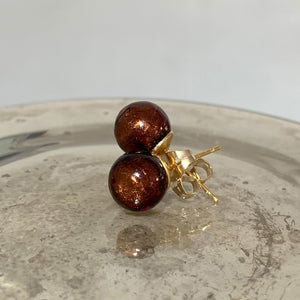 Earrings with golden brown (chocolate) Murano glass sphere studs on gold posts