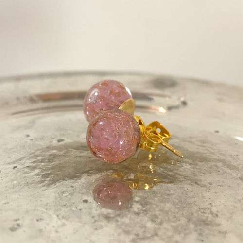 Earrings with pink opal aventurine Murano glass sphere studs on gold plated posts