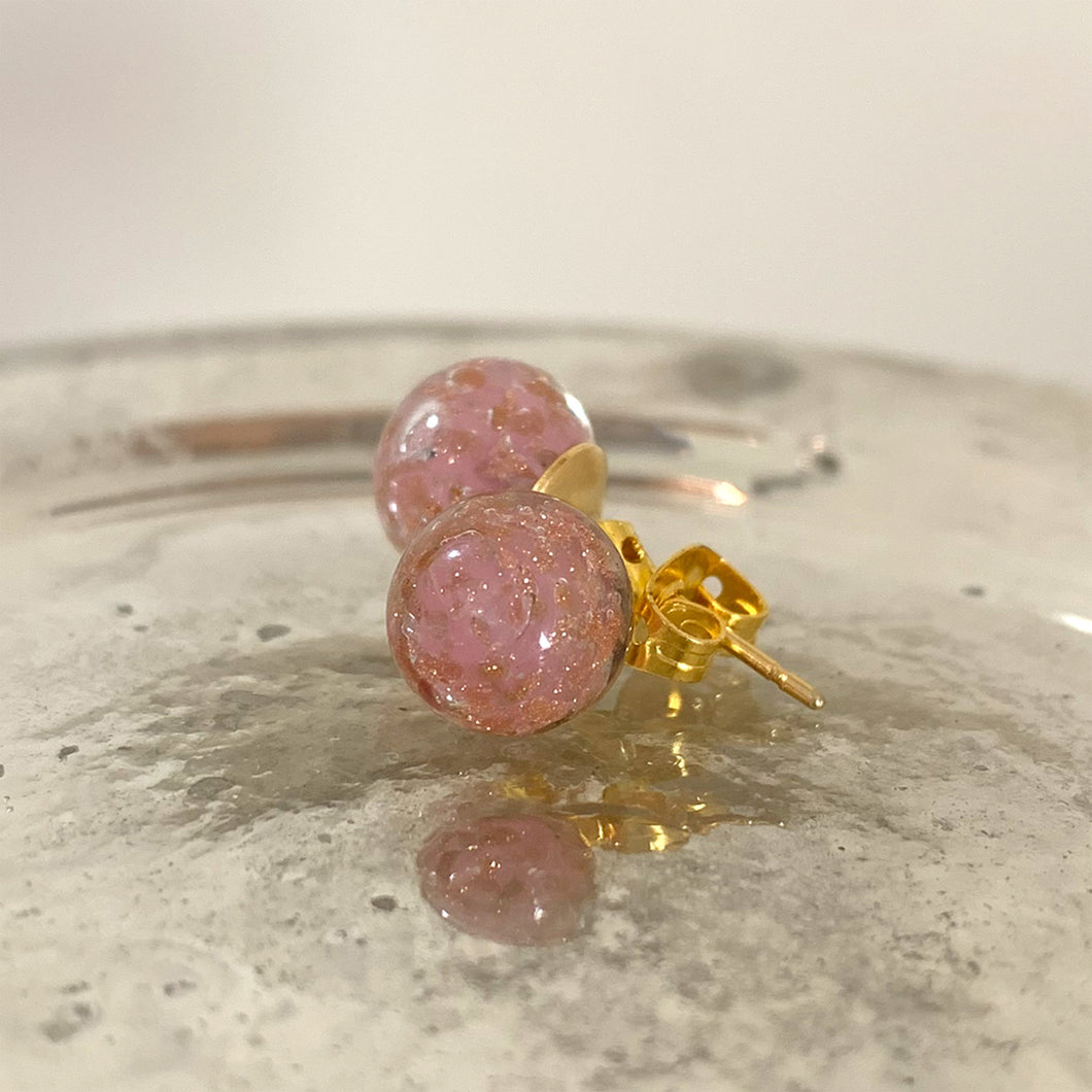 Earrings with pink opal aventurine Murano glass sphere studs on 24ct gold plated posts