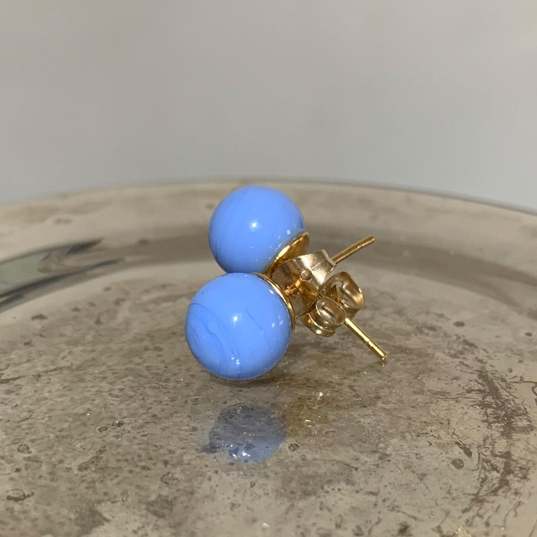 Earrings with periwinkle (blue) pastel Murano glass sphere studs on 24ct gold plated posts