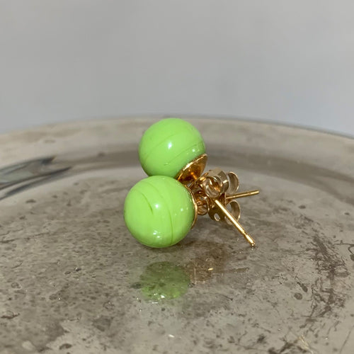 Earrings with green pastel Murano glass sphere studs on 24ct gold plated posts