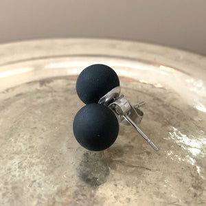 Earrings with matte black pastel Murano glass sphere studs on 24ct gold plated or surgical steel posts