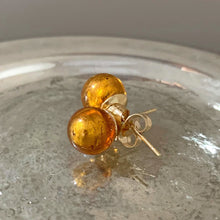 Earrings with gold topaz (amber, brown) Murano glass sphere studs on 24ct gold plated posts