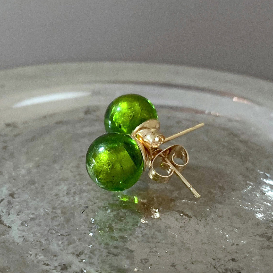 Earrings with olive green Murano glass sphere studs on 24ct gold plated posts