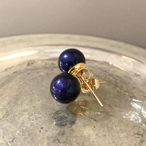 Earrings with purple velvet Murano glass sphere studs on gold plated posts