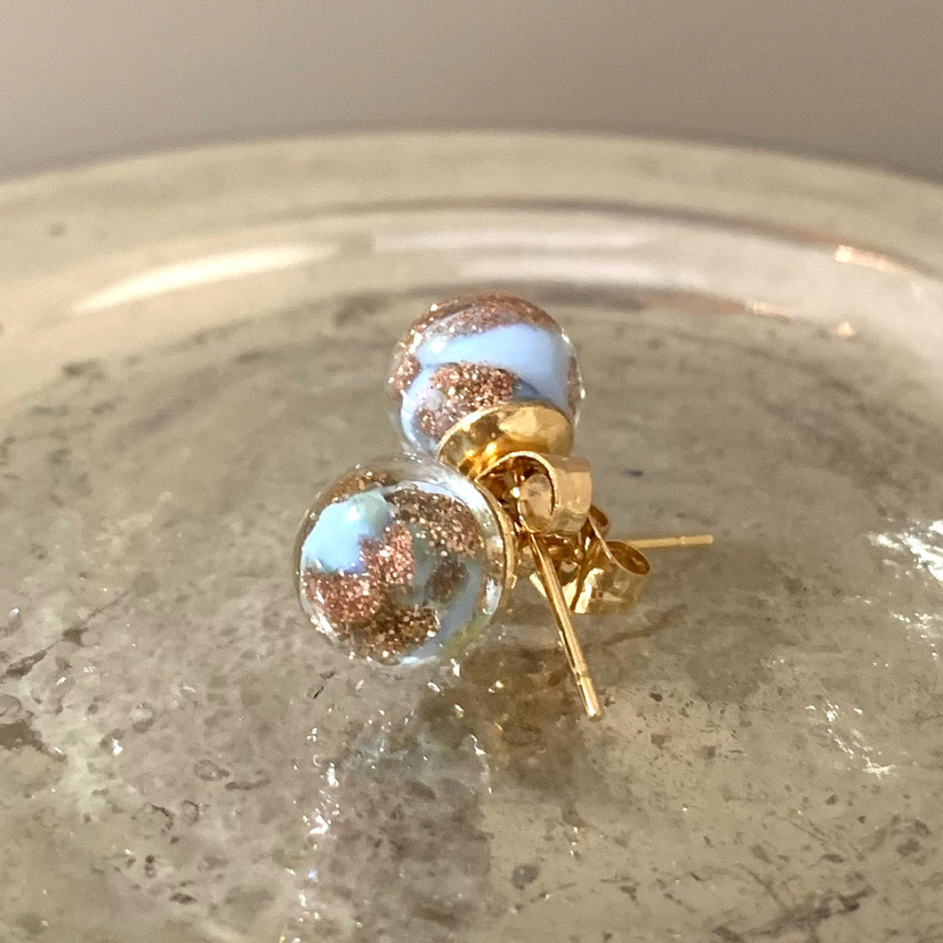 Earrings with blue pastel and aventurine Murano glass sphere studs on 24ct gold plated posts