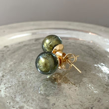 Earrings with grey and gold Murano glass sphere studs on 24ct gold plated posts