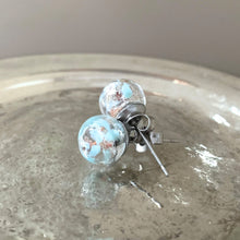 Earrings with blue pastel, aventurine, white gold Murano glass sphere studs on surgical steel posts
