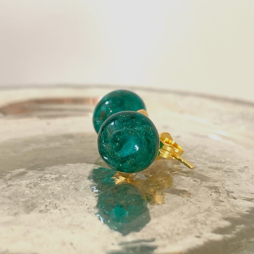 Earrings with teal (green) opal aventurine Murano glass sphere studs on 24ct gold plated posts