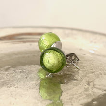 Earrings with light green (lime, peridot) Murano glass sphere studs on surgical steel posts