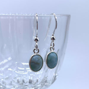 Gemstone earrings with larimar (aquamarine, blue, turquoise) crystal drops on silver hooks