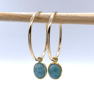 Gemstone earrings with larimar (aqua, blue) oval crystal drops on gold large hoops