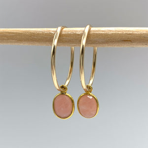 Gemstone earrings with pink opal oval crystal drops on gold medium hoops
