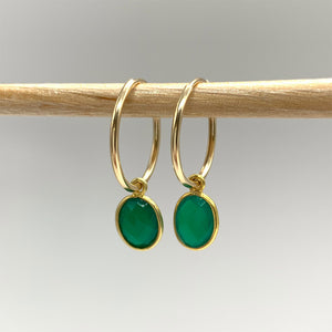 Gemstone earrings with green onyx oval crystal drops on gold small hoops