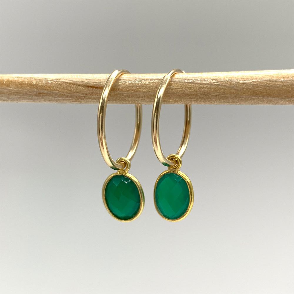 Gemstone earrings with green onyx oval crystal drops on gold small hoops