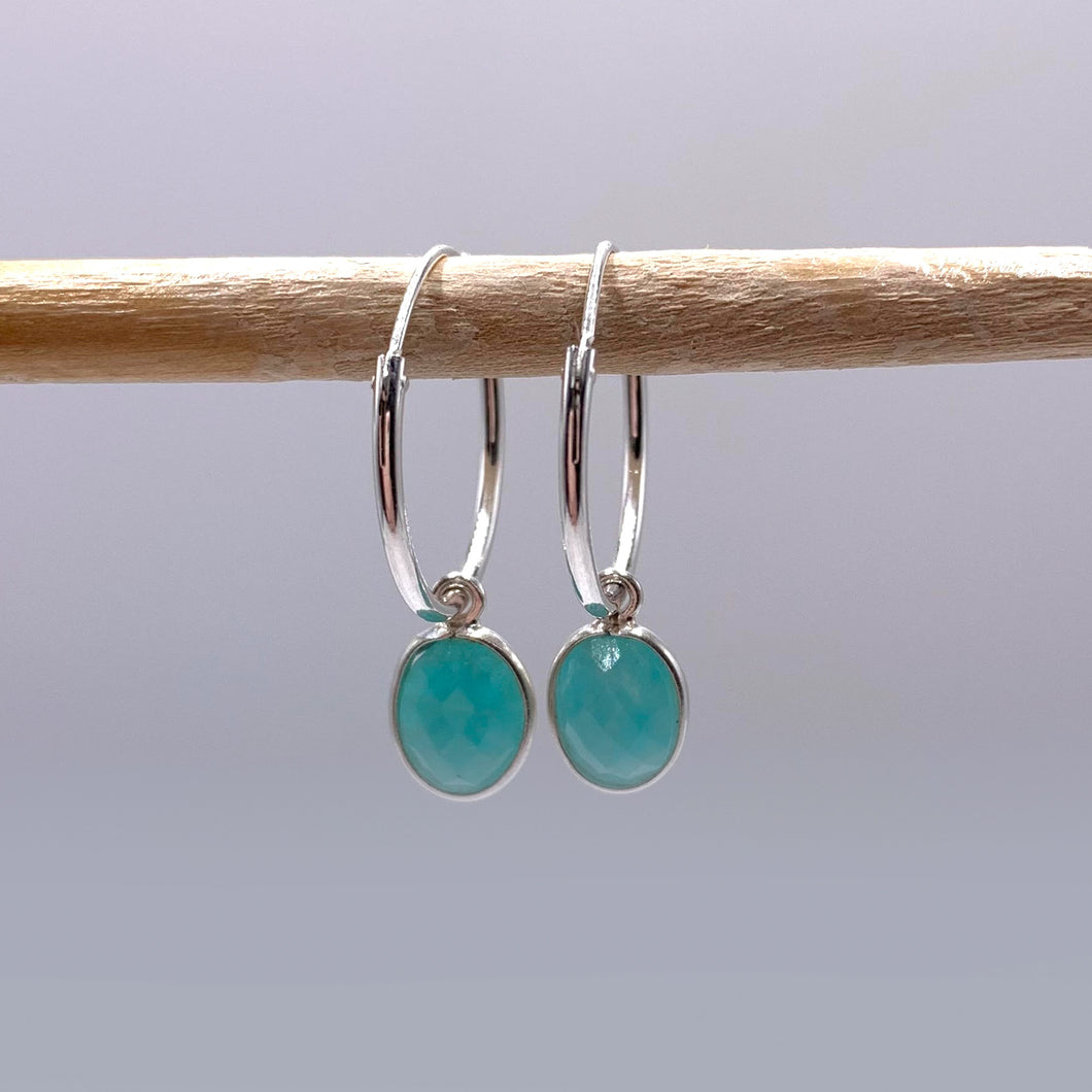 Gemstone earrings with amazonite (blue) oval crystal drops on silver small hinged hoops