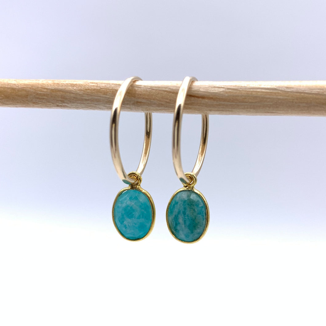 Gemstone earrings with amazonite (blue) oval crystal drops on gold small hoops