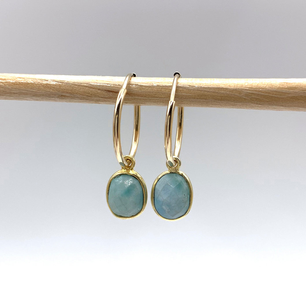 Gemstone earrings with larimar (aqua, blue) oval crystal drops on gold small hoops