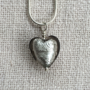 Necklace with grey Murano glass small heart pendant on silver snake chain