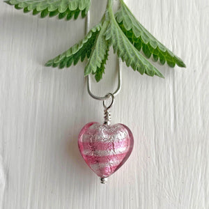 Necklace with candy stripe pink Murano glass small heart pendant on silver snake chain