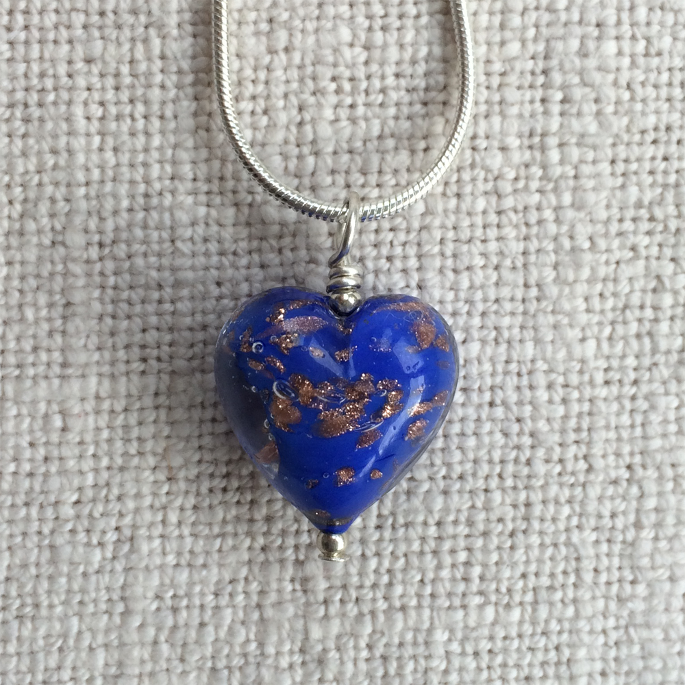 Necklace with dark blue and aventurine Murano glass small heart pendant on chain