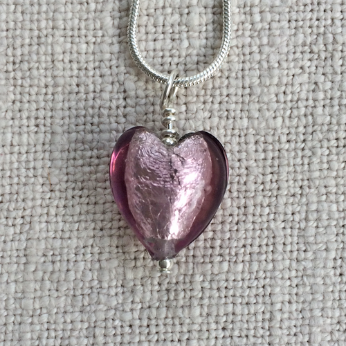 Necklace with light amethyst (purple) Murano glass small heart pendant on silver chain